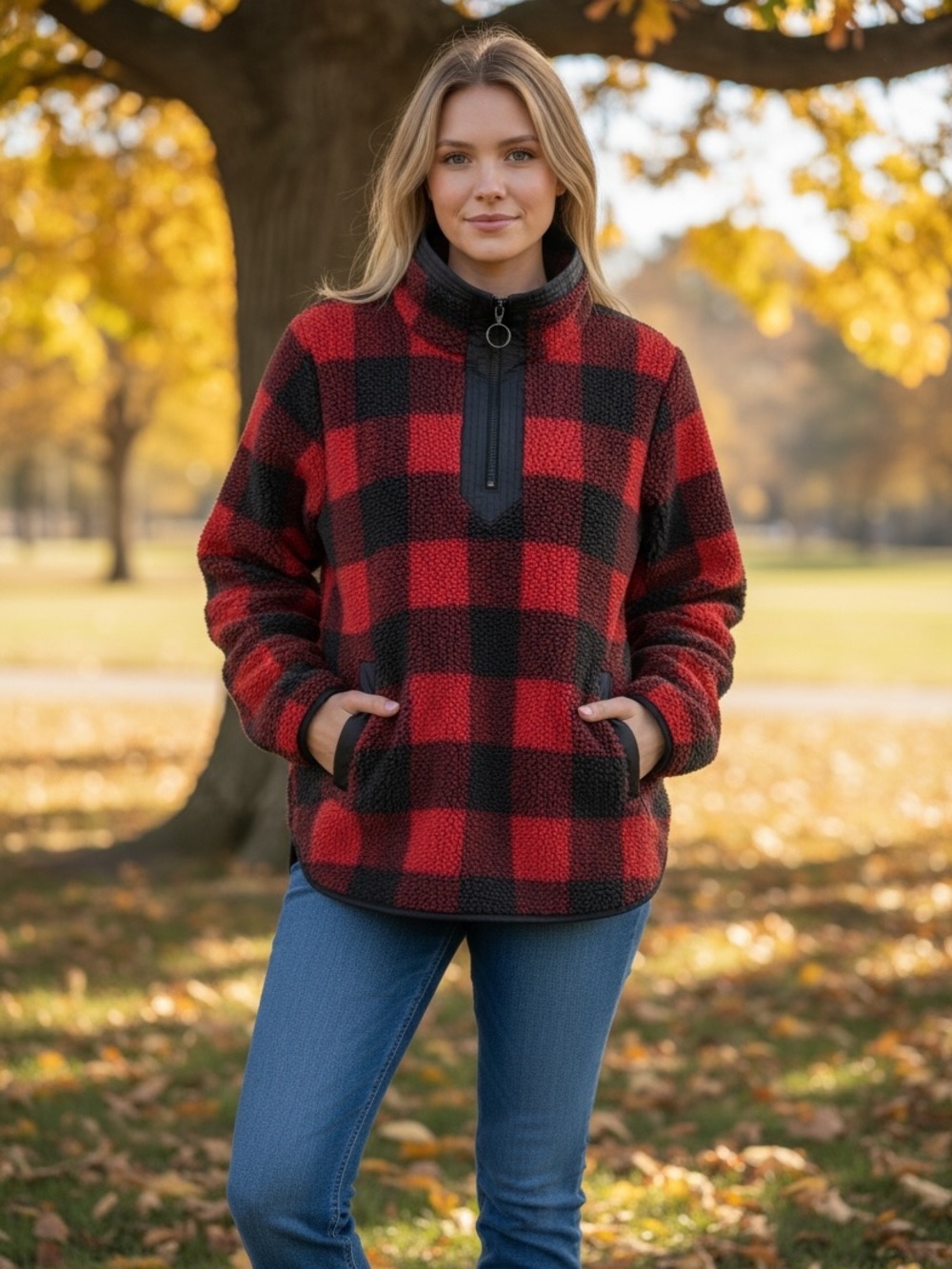 Abercrombie & Fitch Red/ Black Plaid Sherpa Fleece Oversized 1/4 Zip Jacket